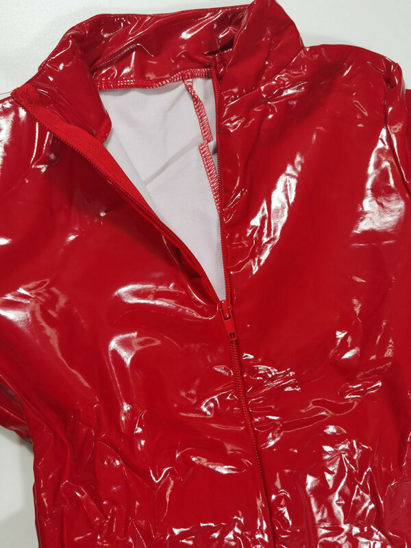 Czarny czerwony skórzany kombinezon dla kobiet seksowny podwójny zamek błyskawiczny z odkrytym kroczem błyszczący lateksowy kombinezon erotyczny strój klubowy