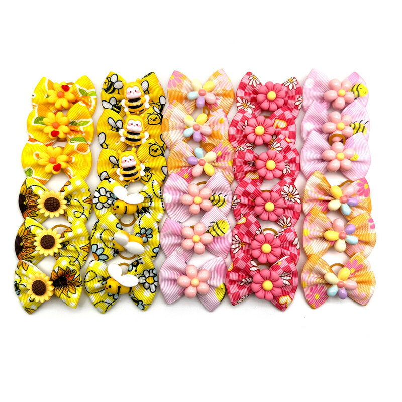 100pcs Handmade Pet Dog Hair Bows Bee Pattern Spring Summer Style Ribbon Dog Bow Dogs Grooming Bow Accessories Pet Hair Supplies