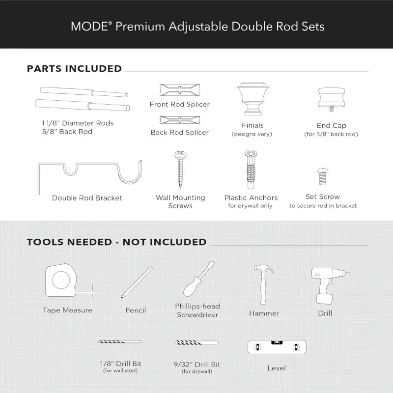 MODE Premium Collection Double Curtain Rod Set (1 1/8" Front Rod and 5/8" Back Rod) with Mod Doorknob Curtain Rod Finials, Wall