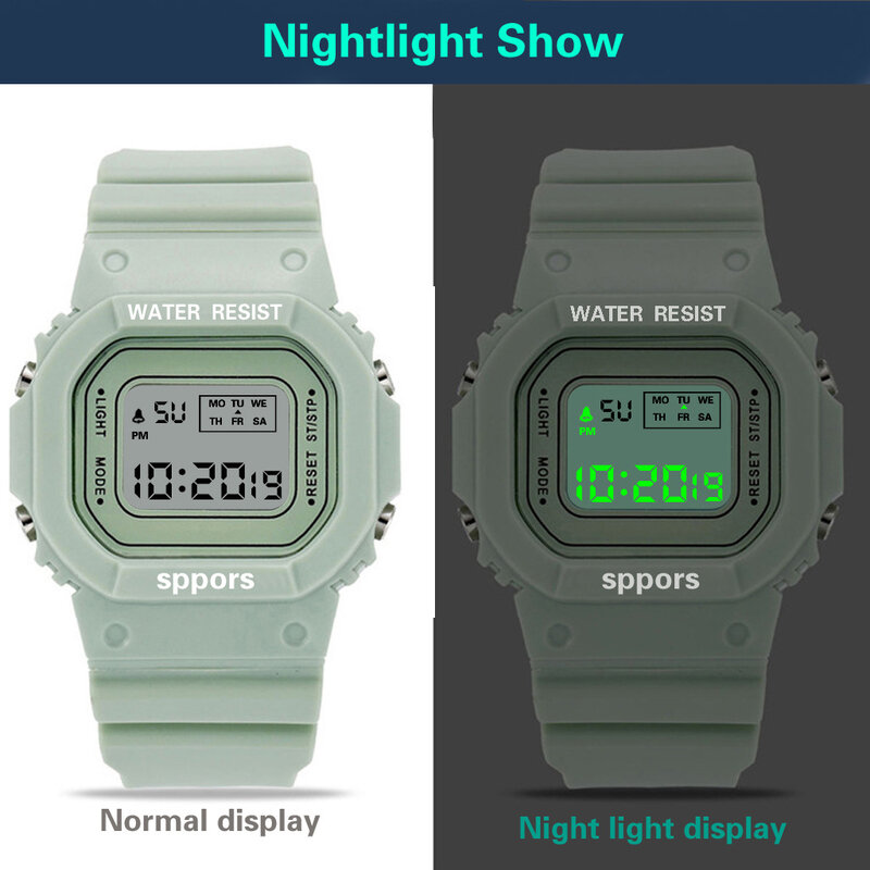 YIKAZE-LED Relógio esportivo para homens e mulheres, relógio de borracha impermeável, relógios digitais, eletrônico, colorido, quadrado, meninos, meninas, estudante