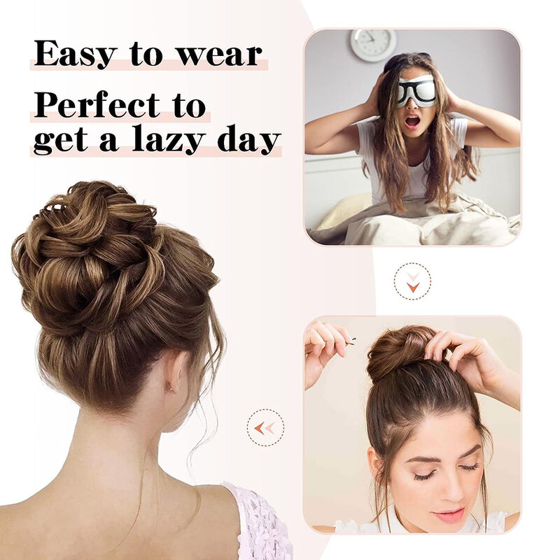 100% Human Hair Messy Bun, Real Hair Bun Extensions Natural Brown Hair Messy Rose Bun Wavy Curly Bun Hairpieces for Women Girls