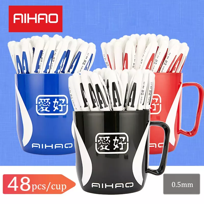 Promosi merek teratas! 48 buah pena Gel AIHAO 801A 0.5mm topi pena tinta netral perlengkapan sekolah dan kantor esensial ujian untuk Halus