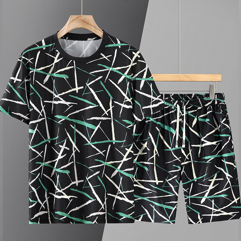 Plus Size Men's O Neck Silk T-shirt Short Sleeve Shorts Summer New Loose Trendy Casual Set 170kg 11XL 10xl