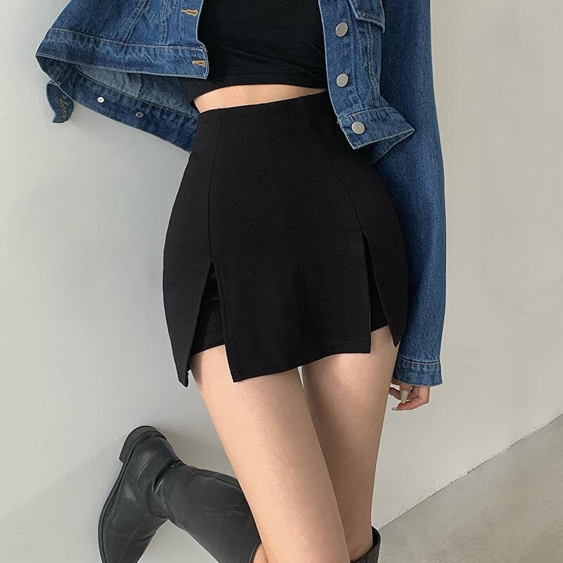 Rok Pendek Split Seksi Rok Setelan Wanita Kantor Rok Celana A-line Mini Hitam Baru Musim Panas Rok Celana Pendek Kaki Lebar Pinggang Tinggi
