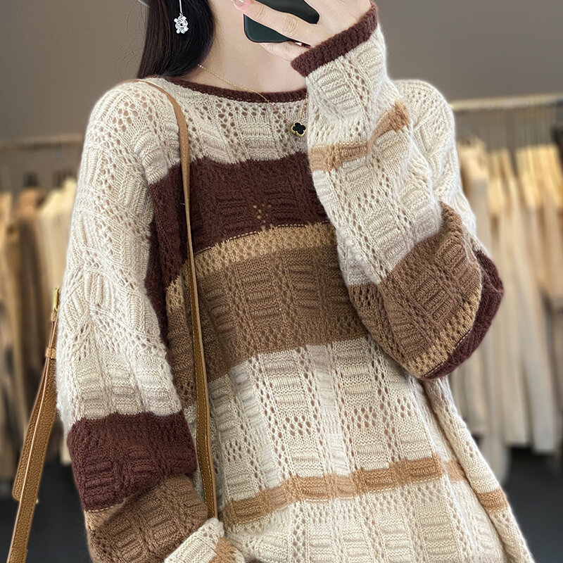 Jersey holgado de lana merina con cuello redondo y rayas en contraste, Jersey de punto de alta gama a la moda para otoño e invierno, novedad de 100%