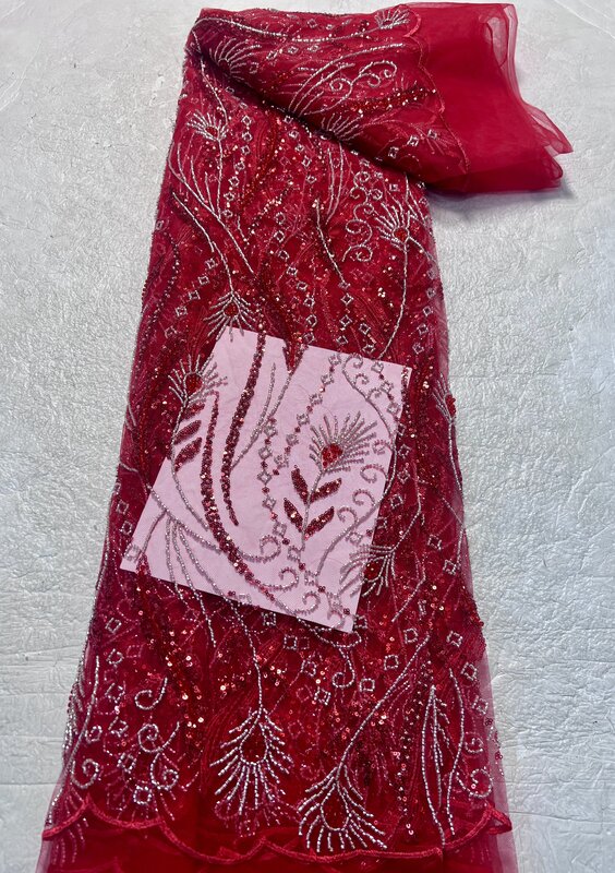 Kain renda mutiara manik-manik buatan tangan Afrika 2024 kain renda Tulle manik-manik berat Prancis untuk bahan gaun pesta pengantin L1009