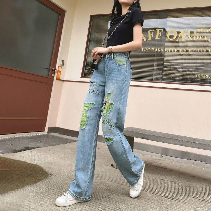 High Waisted Wide Leg Torn Jeans for Women's 2023 New Summer Straight Leg Pants with a Drooping Feeling and Floor Dragging Pants