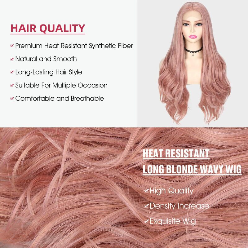 여성용 앞 레이스 가발, 긴 중간 부분 곱슬 머리, 핑크 웨이브, 코스프레 데일리 사용, 28 인치 부분