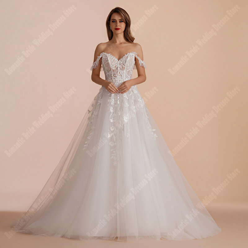 Elegantes vestidos de noiva femininos fora do ombro, lindos vestidos de noiva de princesa, esfregando, festa formal, 2024
