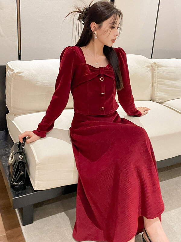 Jesienna moda sztruksowa zestawy dwuczęściowe dla kobiet biurowa elegancka kokardka z długim rękawem krótkie bluzki spódnice trapezowe z wysokim stanem