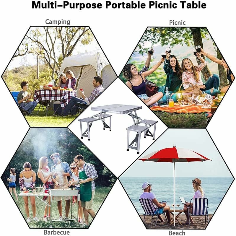 Folding Picnic Table with Sunshade Holes, Aluminum Camping Table, Portable Bench Table for Barbecue, Outdoor Camping Set