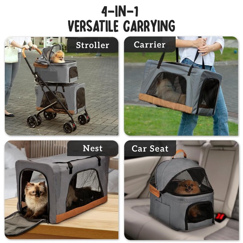 Cochecito doble para mascotas con transportadores desmontables, Ideal para 2 perros o gatos, diseño compacto y conveniente, fácil montaje