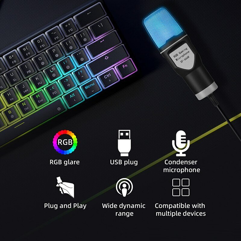 Micrófono USB sf66r para juegos, Condensador de cable RGB para Podcast, grabación, estudio, Streaming, portátil, PC de escritorio