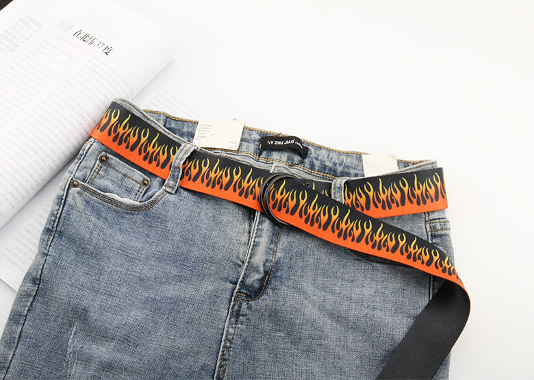 Spot Harajuku Fashion Hip Hop Korean Edition Trend Men's Canvas Belt Personality Casual Flame Belt Factory Direct Supply