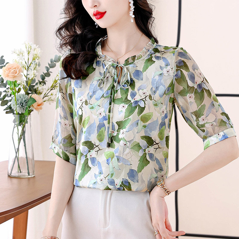Blusa holgada con estampado Floral para mujer, camisa de seda de manga corta con volantes, Top elegante que combina con todo, moda informal de verano