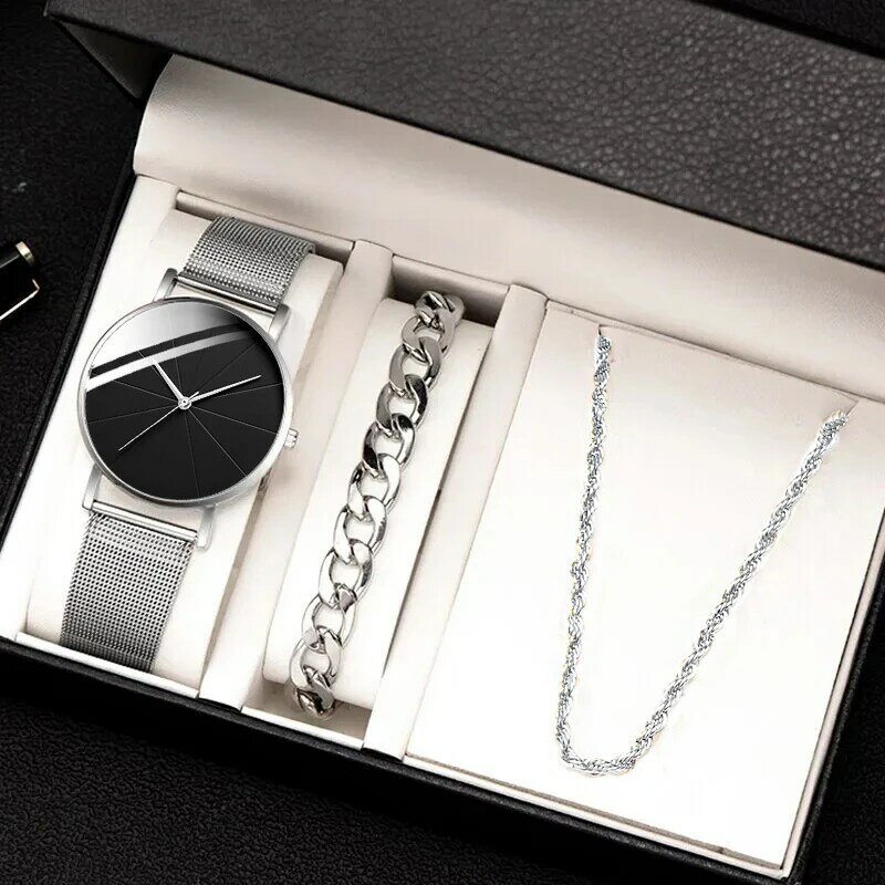 3 Stück Set Mode Herren ultra dünne einfache Uhren Männer Business Casual Armband Halskette Edelstahl Mesh Gürtel Quarzuhr