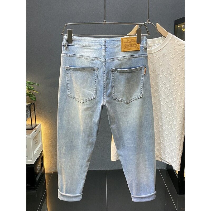 Nieuwe Heren Lichte Luxe Jeans High-End Modemerk Zakelijk Slim Fit Elastische Casual Blauwe Veelzijdige Spijkerbroek
