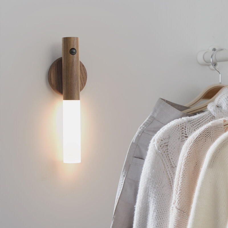 Smart Home Led Wandlamp Houten Nachtlampje Met Intelligente Lichaamssensor Oplaadbare Binnenkastlamp Voor Huisdecoratie