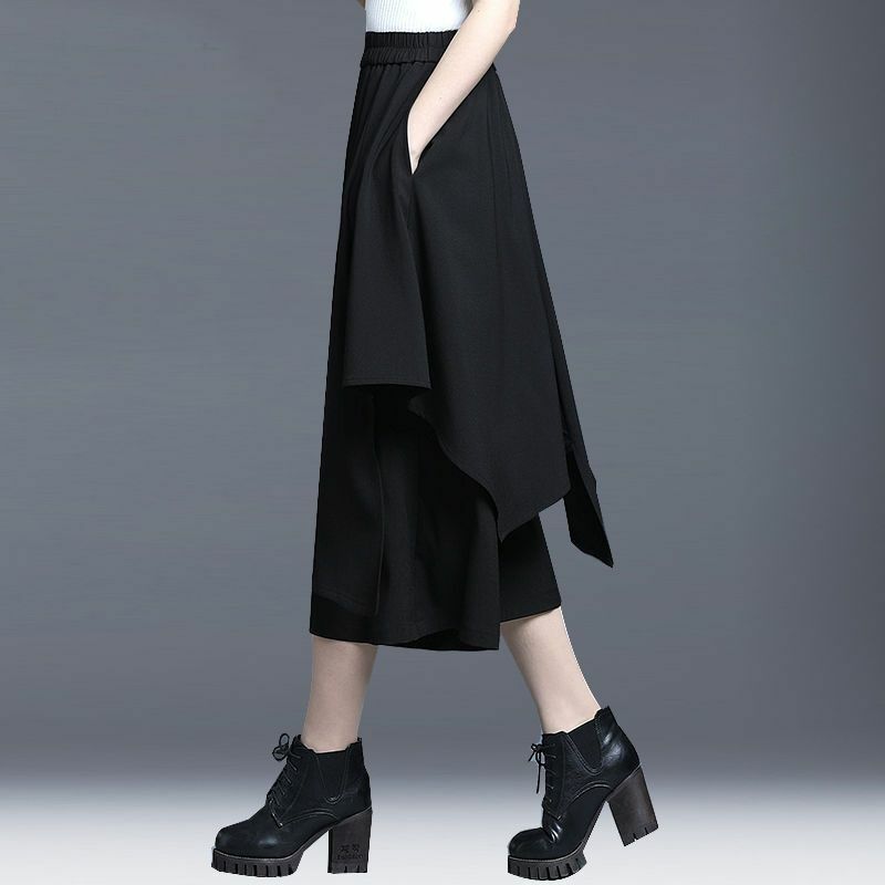 Rok Capris hitam wanita, musim panas pinggang tinggi elastis Korea baru longgar Vintage Streetwear Fashion serbaguna tipis celana kasual