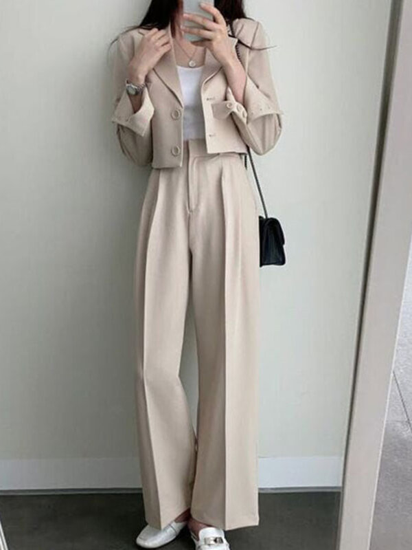 Woman Simple Chic Korean Style Retro Temperament Lapel Loose Or High Waist Pants Solid Color Short Blazer All-match Casual
