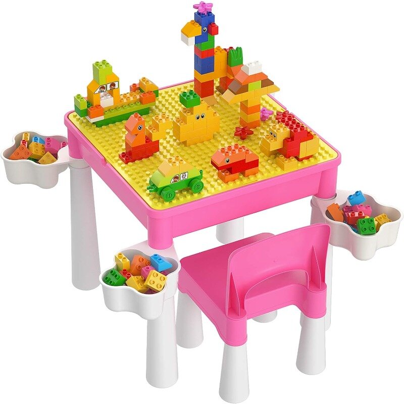5-in-1 Multi Activity Play Table Set, Includes 1 Chair and 128 Pieces Compatible Large Bricks Building Blocks