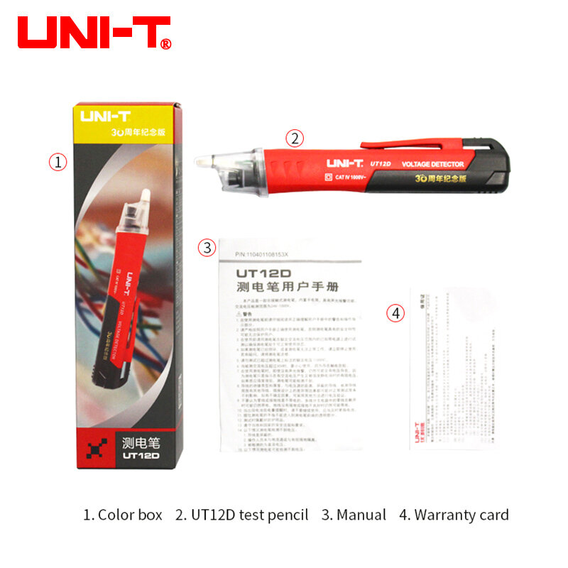 UNI-T Contactloze Wisselspanning Detector Volt Pen Ip67 Indicator Led Zaklamp Socket Muur Volt Test Potlood 24V-1000V Ut12e At 12M