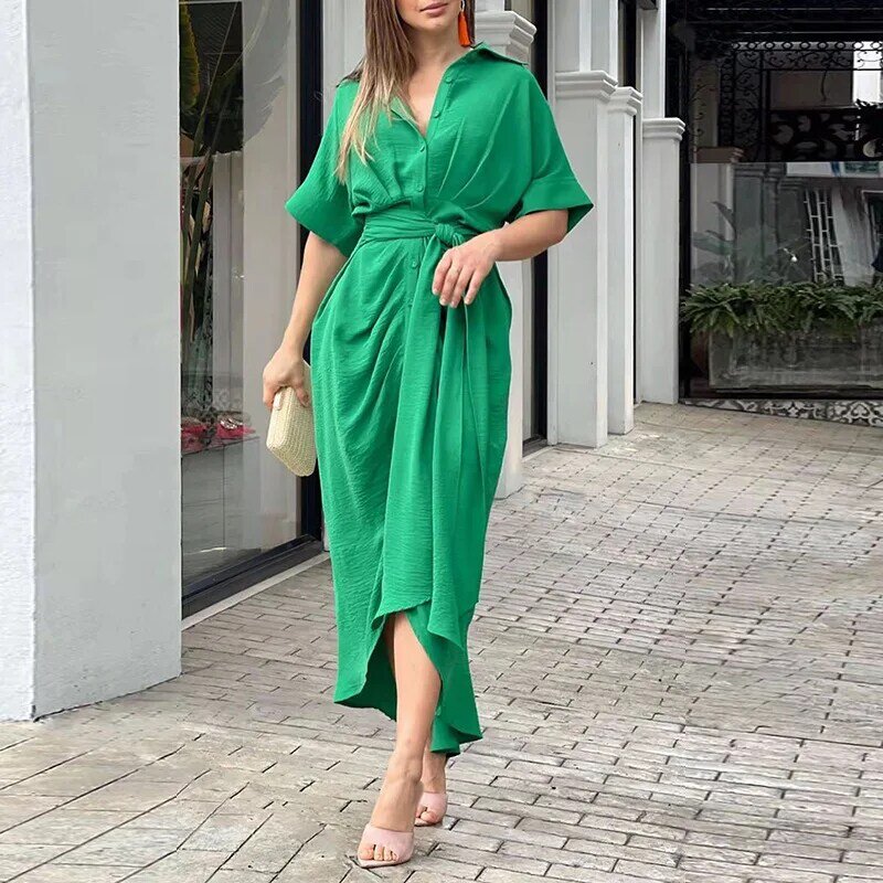 European and American Women's Fashion New 2024 Collar Long Short Sleeved Single Breasted High Waisted Shirt Dress