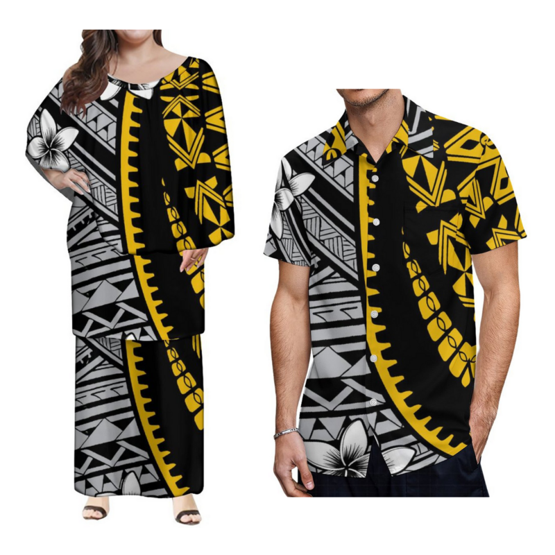 Frauen lange Maxi zweiteiligen Rock Set hochwertige benutzer definierte polynesische Stammes-Print das große Rüschen Puletasi Samoa Set Kleid