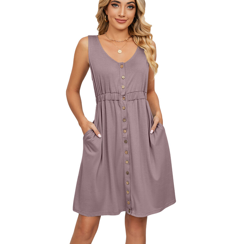 Women's Sleeveless Button Pocket Dress, Round Neck, Slit, Waist Retraction, Monochromatic Dresses, Spring and Summer