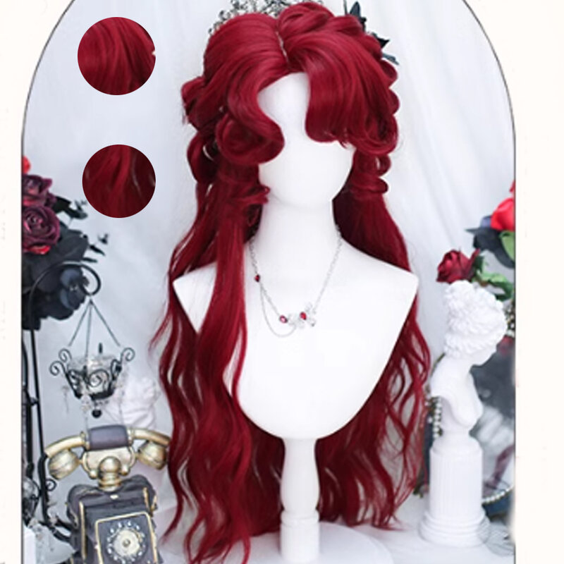 Cabelo encaracolado longo vermelho com Franja para mulheres, peruca sintética, lolita, natural, fibra de alta temperatura, repartida, cosplay