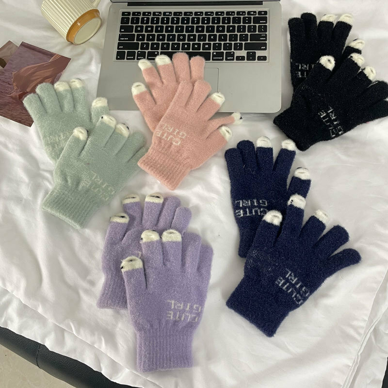 Warm Mink Gloves Women Cute Panda Fingertip Wool Touchscreen Gloves Girl Fluff Fingerless Windproof Outdoor Knitted Soft Mittens