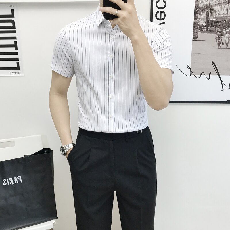 2022 verão Homens Novos Camisas Listradas de Manga Curta Camisas de Roupas Masculinas Slim Fit Business Casual Masculina Desgaste Formal Blusas G216