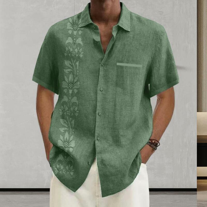 Рубашка мужская с цветочным принтом, уличная одежда, свободная рубашка с лацканами, однобортная с короткими рукавами и накладным карманом, на лето