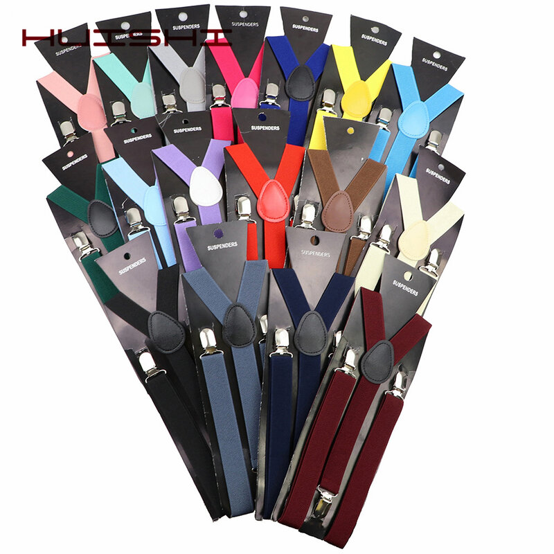 Solid Color Elastic Leather Suspenders Clip-on Buckle Men Straps Adjustable Elastic Y-Back Braces For Wedding Suit Accessories