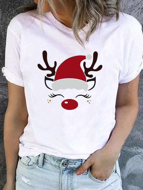 Christmas Deer Face Lovely Trend Clothes Fashion New Year Short Sleeve Print T Top Basic Women Tee Clothing Graphic T-shirts