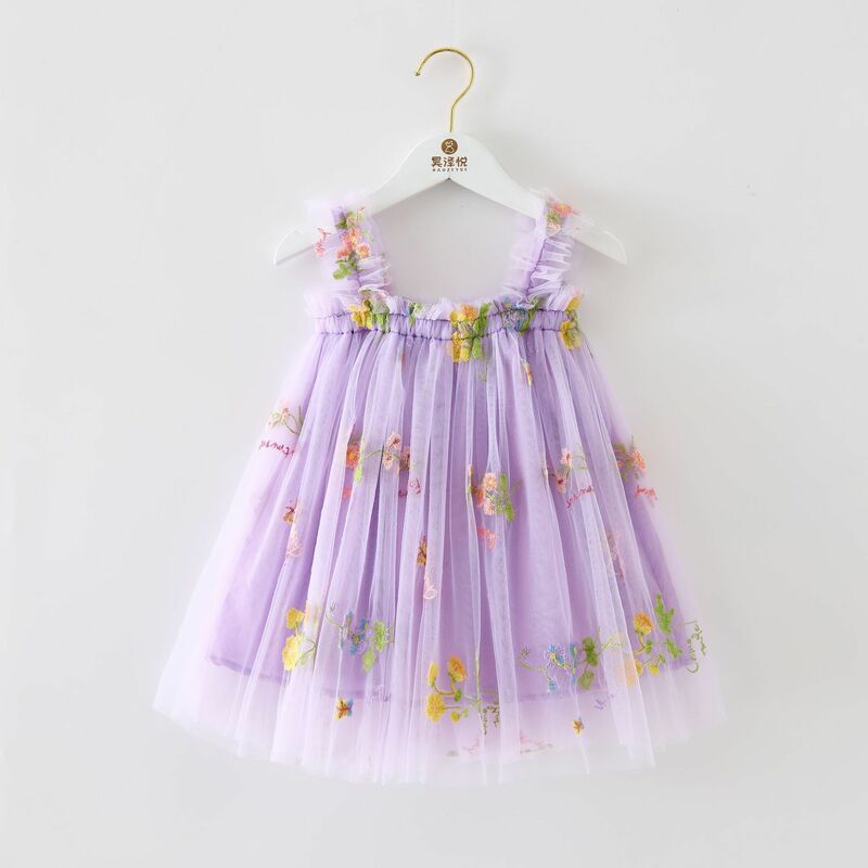 Sweet Baby Girl Dress com suspensórios de malha e flores bordadas, Princess Dresses, Birthday Clothes, New, 6 Pcs Set