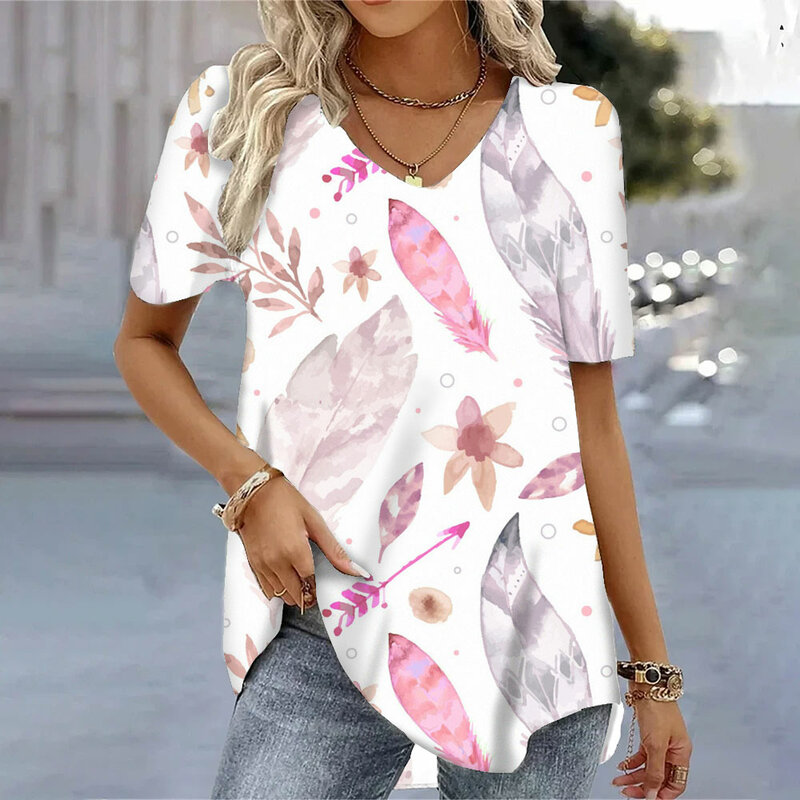 T-Shirt stampate in 3d con piume alla moda magliette estive con scollo a v maniche corte magliette larghe di moda per le signore vestiti di vendita caldi S-5XL