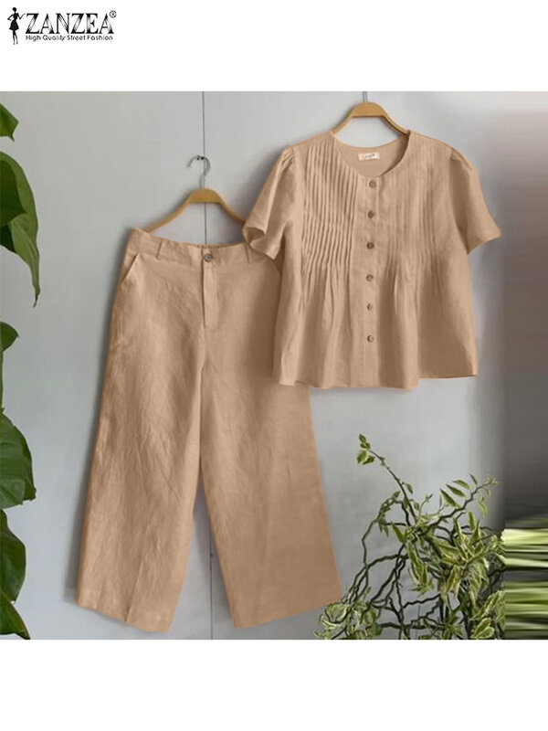 ZANZEA Letnie eleganckie dresy Plisowane topy z krótkim rękawem Damskie spodnie w jednolitym kolorze 2szt Stroje Casualowe dwuczęściowe zestawy spodni