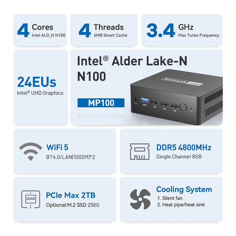 KINHANK-Mini Intel Desktop Gaming PC, Intel 12th, N100, 8GB, 256GB, DDR5, WiFi 5, BT4.0, Windows 11, Dual, 1000M LAN