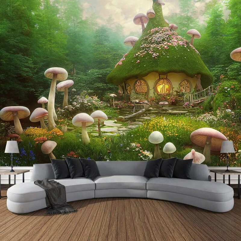 พรมผนังบ้านเห็ดป่าจินตนาการงานศิลปะแบบแขวนผนังพื้นหลังห้องนั่งเล่นตกแต่งบ้านห้องนอนห้อง