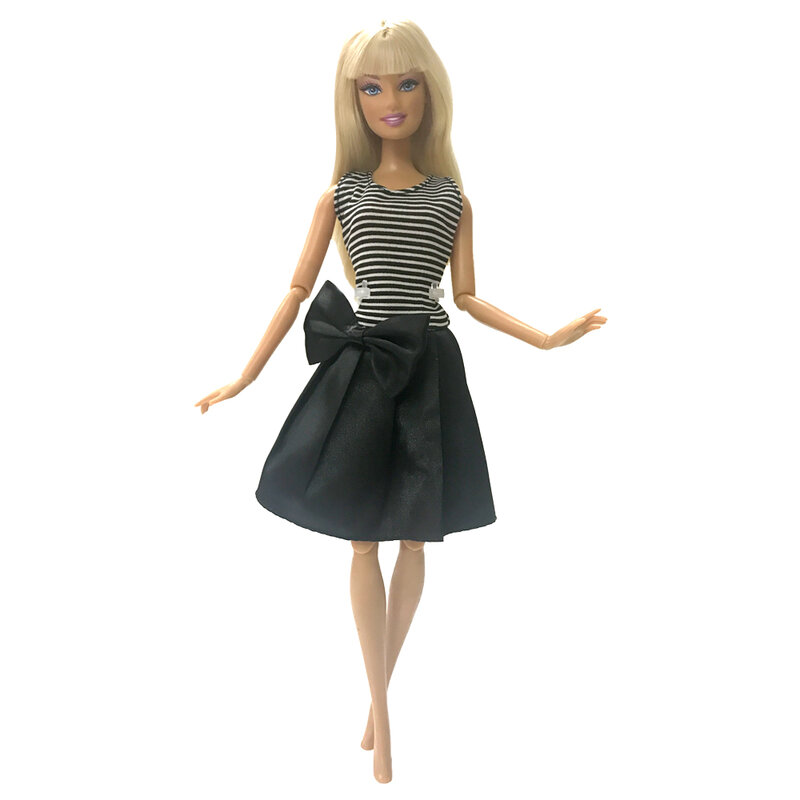 NK-Conjunto de vestido de moda para mujer, falda a rayas con pajarita negra, ropa informal, accesorios para muñecas Barbie, 1 juego oficial