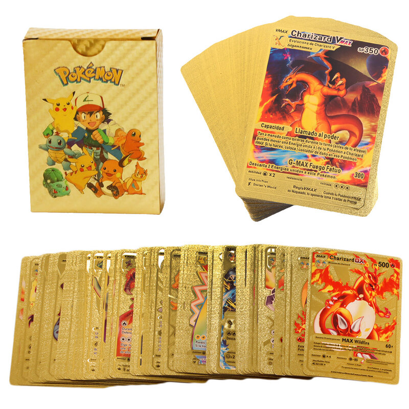 Cartas de Pokémon de Metal, caja dorada, Vmax, GX, tarjeta en inglés y español, Charizard, Pikachu, Colección rara, Tarjeta Dorada de batalla, juguetes para niños
