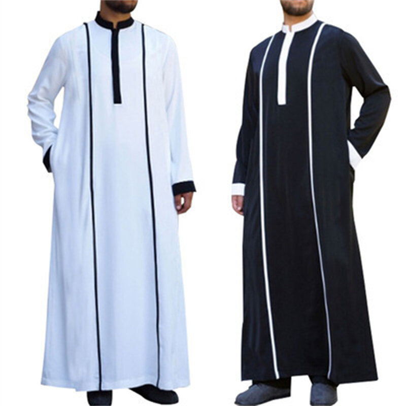 Manto árabe muçulmano de manga comprida masculino, Jubba Thobe, abaya islâmica paquistanesa, kaftan masculino, gola de stand, roupa solta, 5XL
