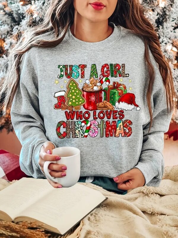 Рождественский пуловер с графическим принтом, милый свитшот с длинным рукавом и круглым вырезом, женская одежда