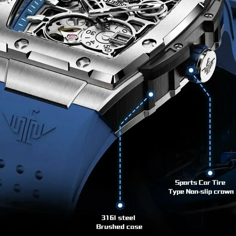 Oryginalne zegarki męskie OUPINKE 3213 w pełni wydrążone automatyczne męskie zegarki na rękę taśma krzemowa Man Watch TOP markowy zegarek