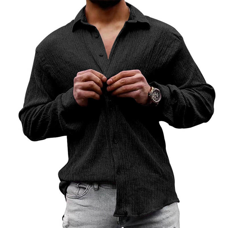 Chemises et chemisiers en lin décontractés pour hommes, chemise à boutonnage simple, manches longues, document monochrome, automne, printemps, vêtements pour hommes
