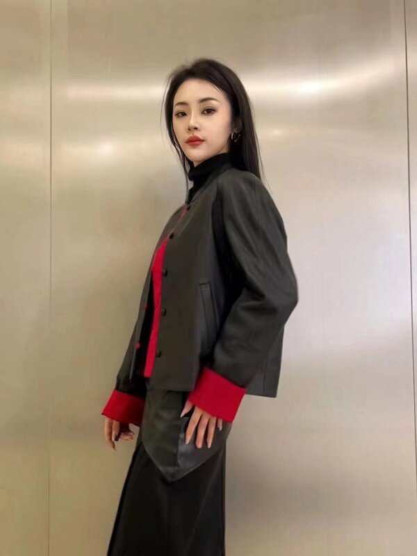 Jaqueta de couro estilo chinês feminino, casaco de pele de carneiro casual, curta, estilo chinês, nova, primavera e outono, 2024