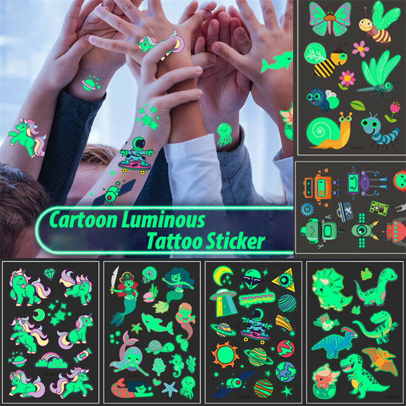 Impermeável tatuagens falsas temporárias, brilho luminoso adesivos, criança, criança, rosto, braço, perna, corpo adesivo, 1pc