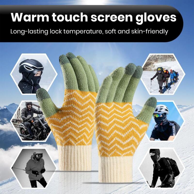 Color Blocking Gloves Winter Knit Gloves for Men Women Colorful Patchwork Design Plush Lining Touch Screen for Warmth