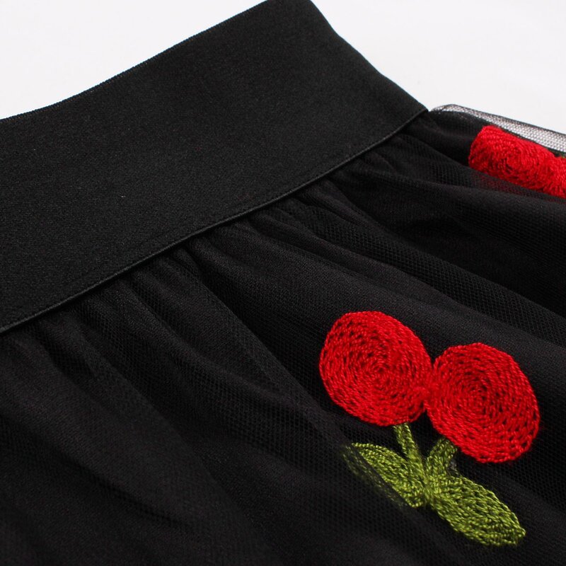 Ladies Vintage Cherry Cute Skirts Embroidered Mesh Overlay Women 2024 Spring Summer High Waist Black Pleated Long Skirt Costumes